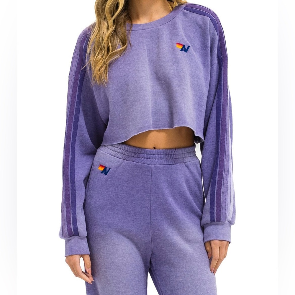 Aviator Nation Purple Relaxed Cropped Crew Neck Athleisure Sweatshirt size M NWT